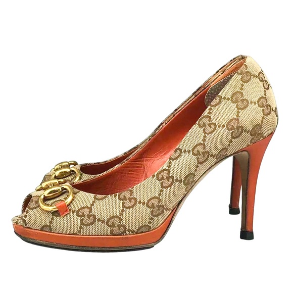 Gucci Shoes - Gucci GG Canvas Horsebit Peep Toe Heels Pumps Size 36